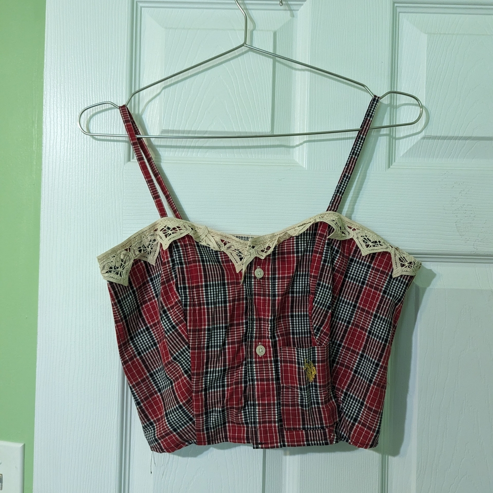 Plaid Crop Tank Top with Lace Trim